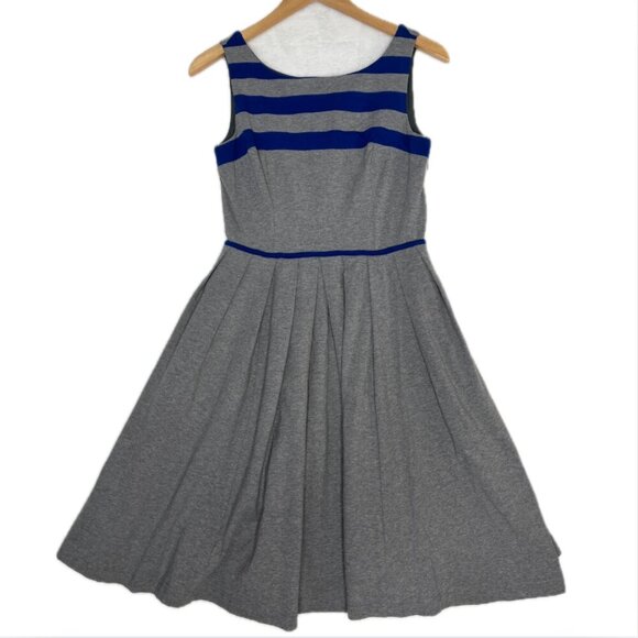 EShakti Gray Blue Stripe Fit and Flare Cotton Jersey Dress Preppy Colorblock - Picture 1 of 8